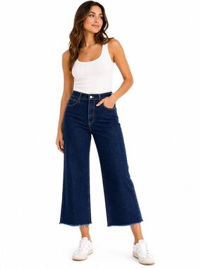 Oliver Logan LA CA Jeans Women’s 33 Wide Leg Cropped Raw Hem Dark Wash Denim